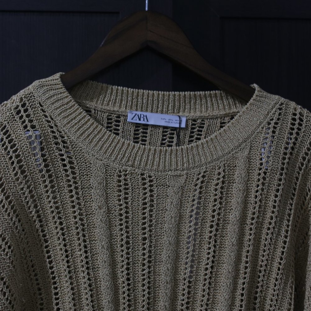 NWT Ruffled Open Knit Golden Sweater. - Picture 6 of 9